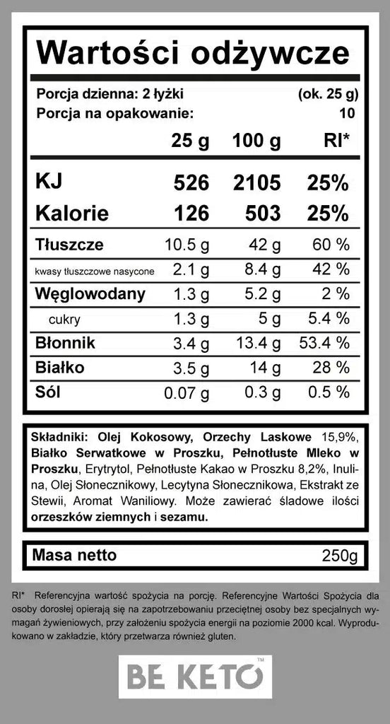 Keto Krem z Olejem MCT BeKeto - Różne Smaki 250 g (Smak: krolowa-makadamia)