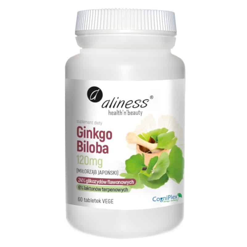 Ginkgo Biloba (miłorząb japoński) 120 mg Aliness - Wsparcie dla mózgu - 60 tabletek