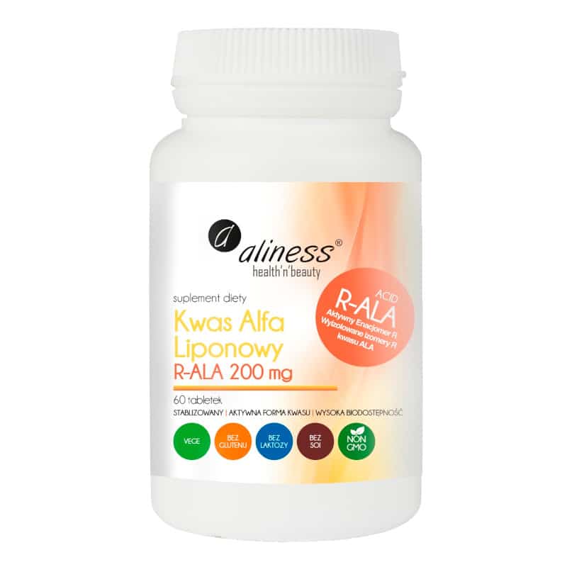 Kwas Alfa Liponowy R-ALA 200 mg Aliness - Stabilizowana, aktywna forma kwasu - 60 tabletek