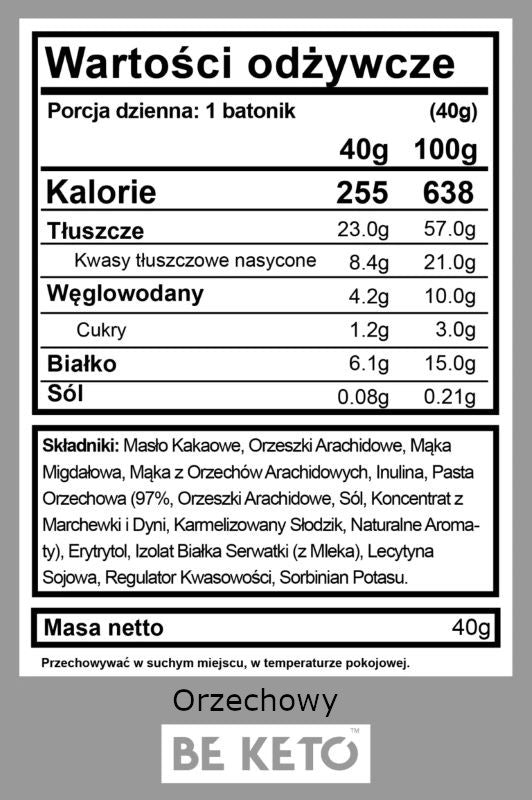 Keto Baton BeKeto - Idealny na szybką energiczną przekąskę - Różne smaki 40 g (Smak: orzechowy)