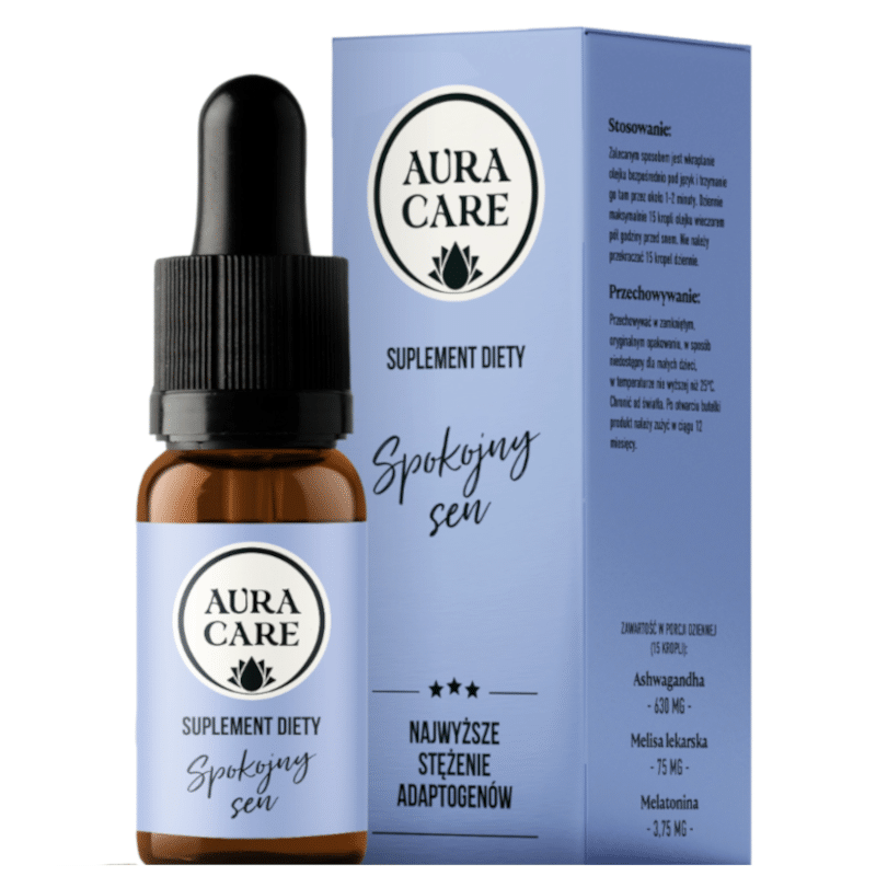 Spokojny sen AURA CARE - Ashwagandha, Melisa, Melatonina - 10ml, około 300 kropli