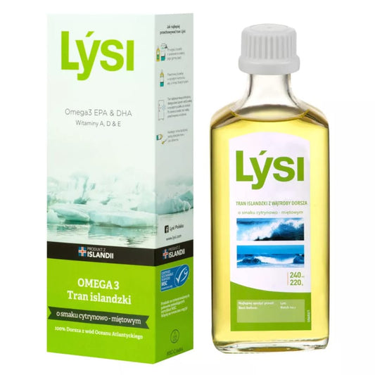 Tran islandzki Lysi – Z wątroby dorsza o smaku cytrynowo - miętowym - 240 ml
