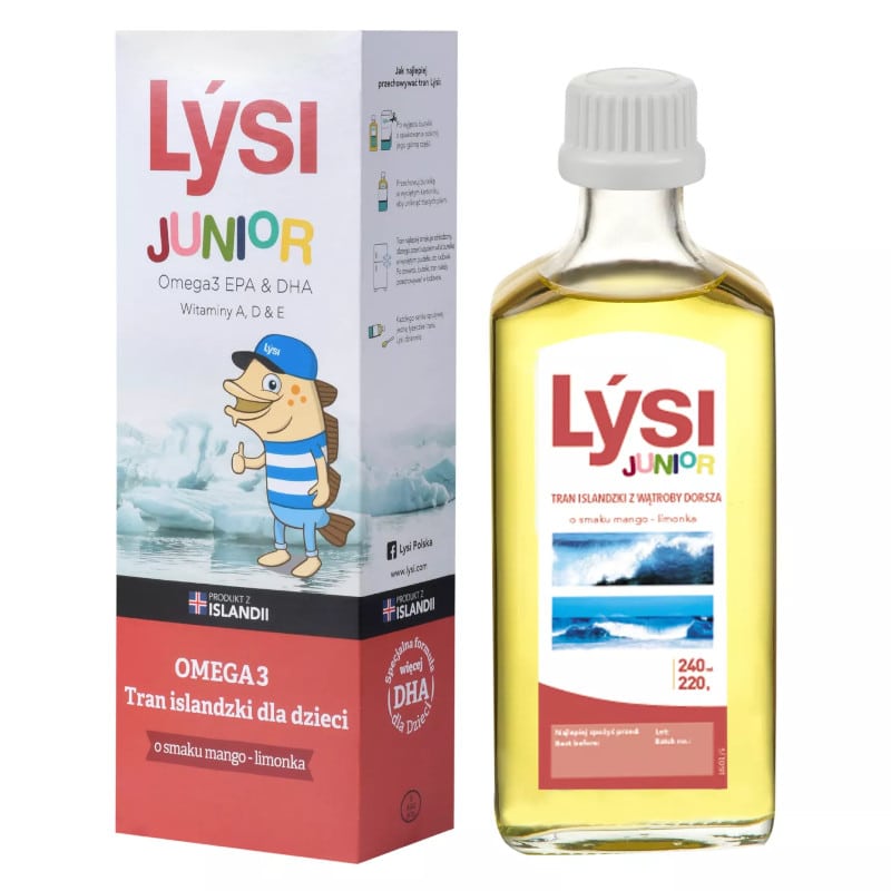 Tran Junior Lysi dla dzieci - Z wątroby dorsza dzieci o smaku mango-limonka - 240 ml