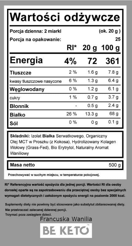 Keto Shake Wzbogacony Olejem MCT oraz Izolatem Białka BeKeto - Różne Smaki 500 g (Smak: francuska-wanilia)
