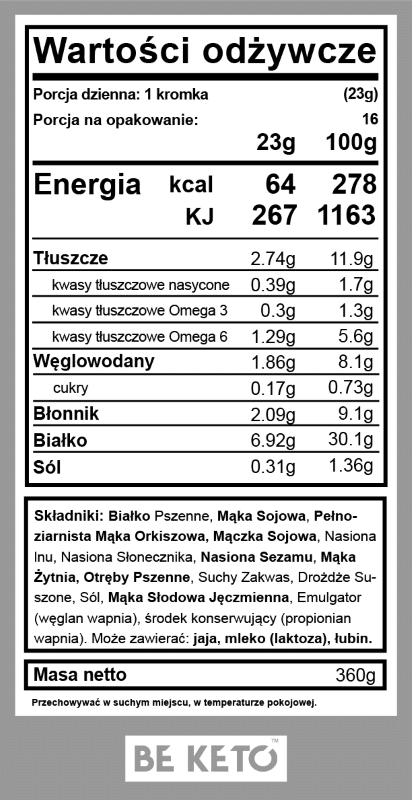 Keto Chleb wieloziarnisty BeKeto - Wysokobiałkowe pieczywo z kwasami Omega - 360 g