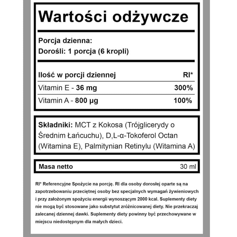 Witamina A+E z olejem MCT w kroplach BeKeto - 30 ml