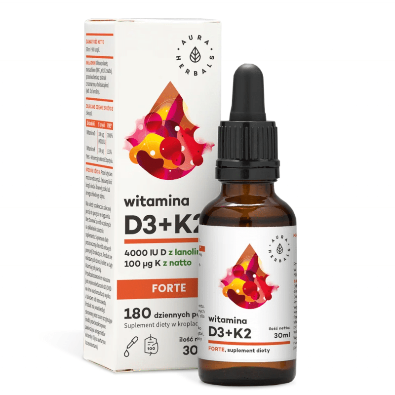 Witamina D3 4000 IU + K2 FORTE Aura Herbals - Naturalna witamina D z lanoliny i K z natto - 30 ml