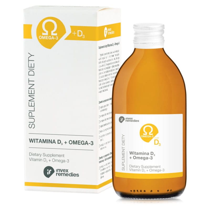 Witamina D3 +  nienasycone kwasy tłuszczowe Omega 3+6+7+9 Invex Remedies w płynie - 300 ml
