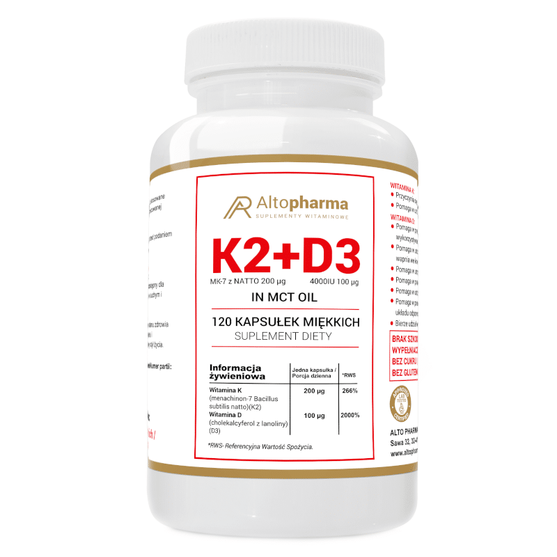 Witaminy K2 + D3 4000UI z olejem kokosowym MCT Alto Pharma - 120 kapsułek