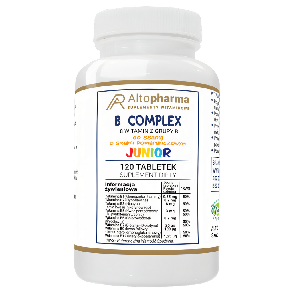 B Complex Junior Alto Pharma - 8 Witamin z grupy B - 120 tabletek do ssania o smaku pomrańczowym