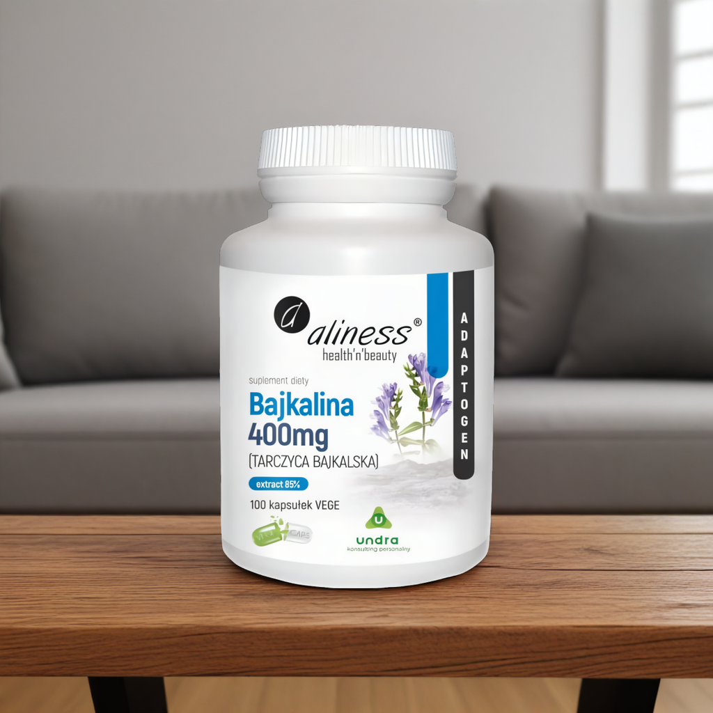 Bajkalina (Tarczyca bajkalska) Extract 85% 400 mg Aliness - Wspomaga stawy, mięśnie i ścięgna - 100 kapsułek
