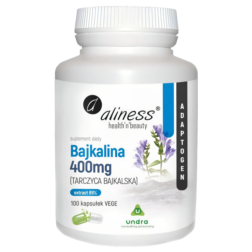 Bajkalina (Tarczyca bajkalska) Extract 85% 400 mg Aliness - Wspomaga stawy, mięśnie i ścięgna - 100 kapsułek