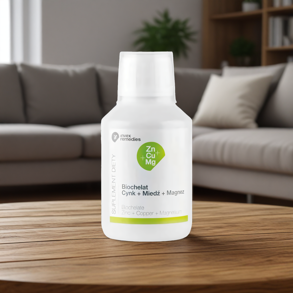 Biochelat Zn-Cu-Mg Uzupełnia niedobory cynku, miedzi i magnezu Invex Remedies - 150 ml