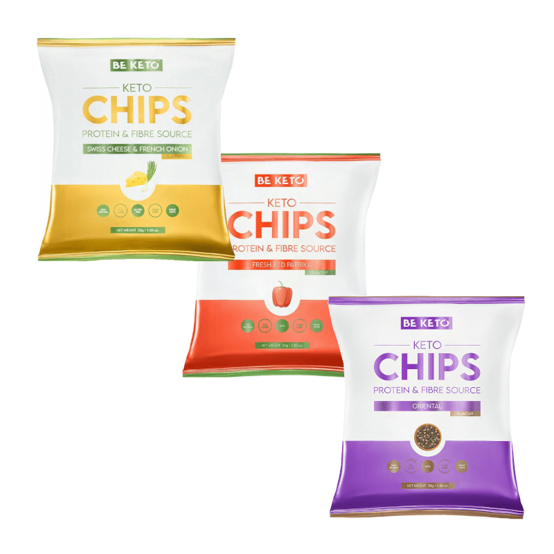 Keto Chipsy BeKeto - Ser & cebulka, Czerwona papryka oraz Orientalne pikantne - 30 g (Smak: ser-szwajcarski-francuska-cebulka)