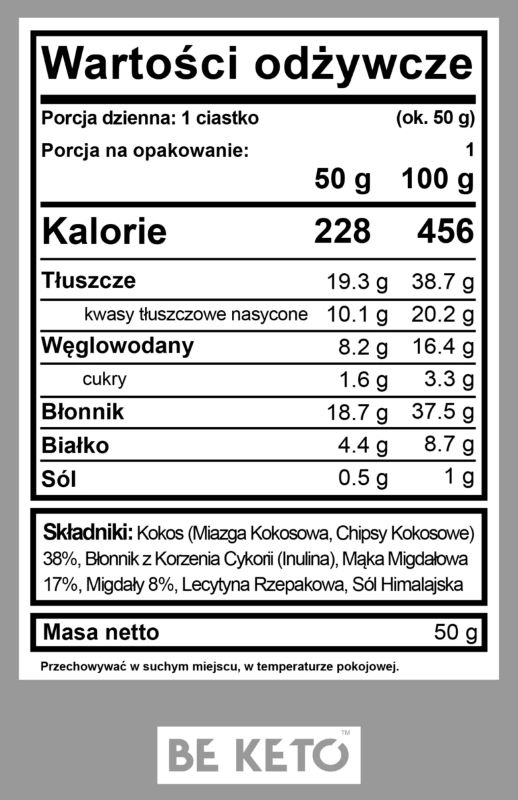 Keto Ciastko BeKeto - Przekąska proteinowa z niską zawartością węglowodanów - Różne smaki 50 g (Smak: kokos-migdal)