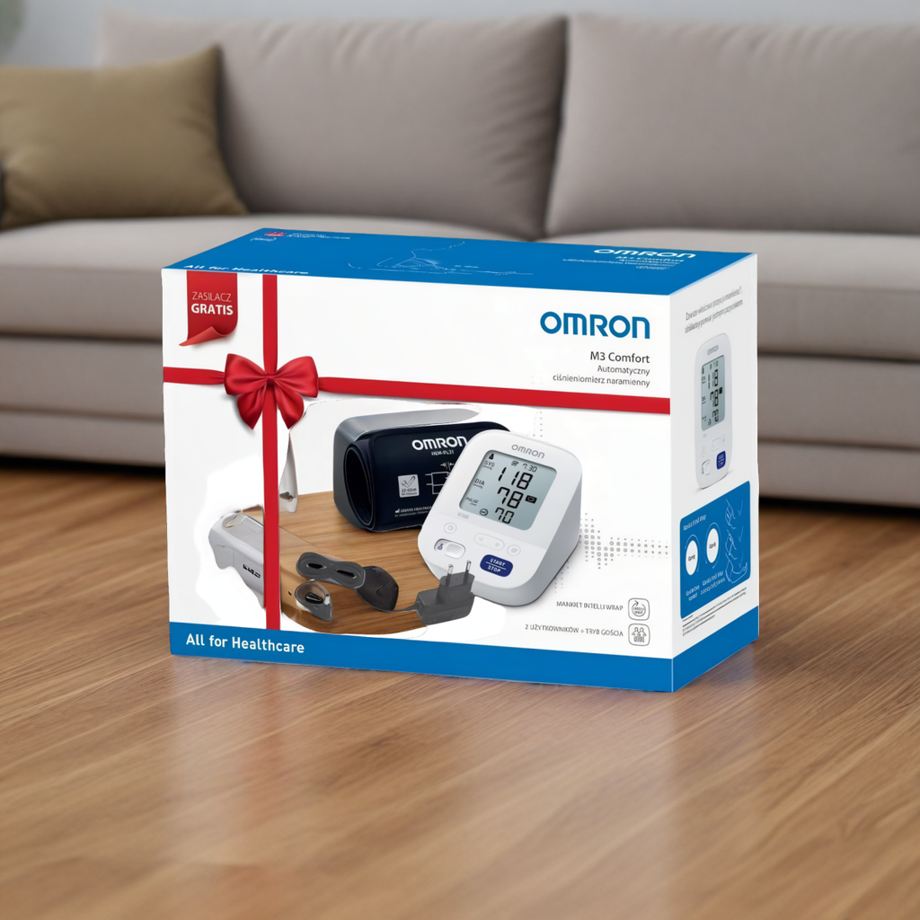 Ciśnieniomierz Omron M3 Comfort + zasilacz + dzienniczek - Zestaw prezentowy
