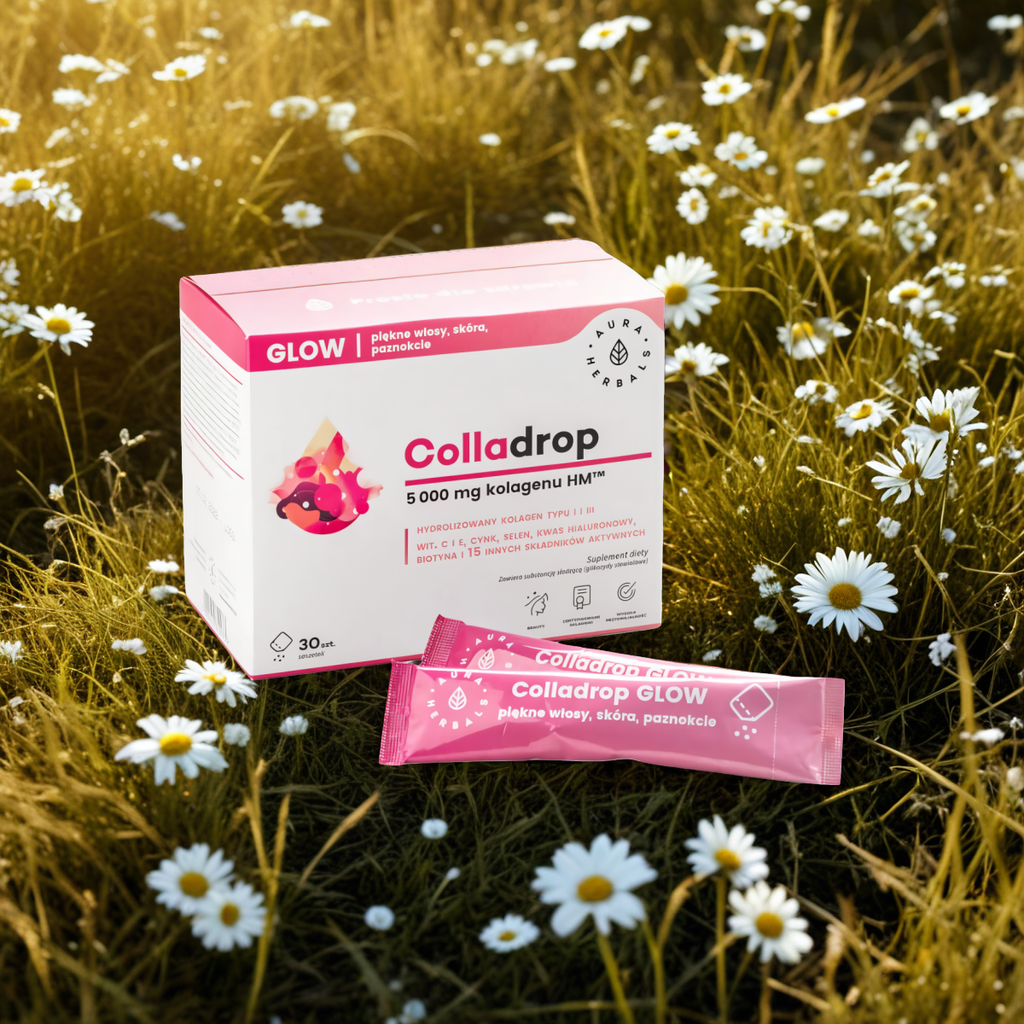 Colladrop GLOW Kolagen morski 5000 mg Aura Herbals - Piękne włosy, skóra i paznokcie - 30 saszetek