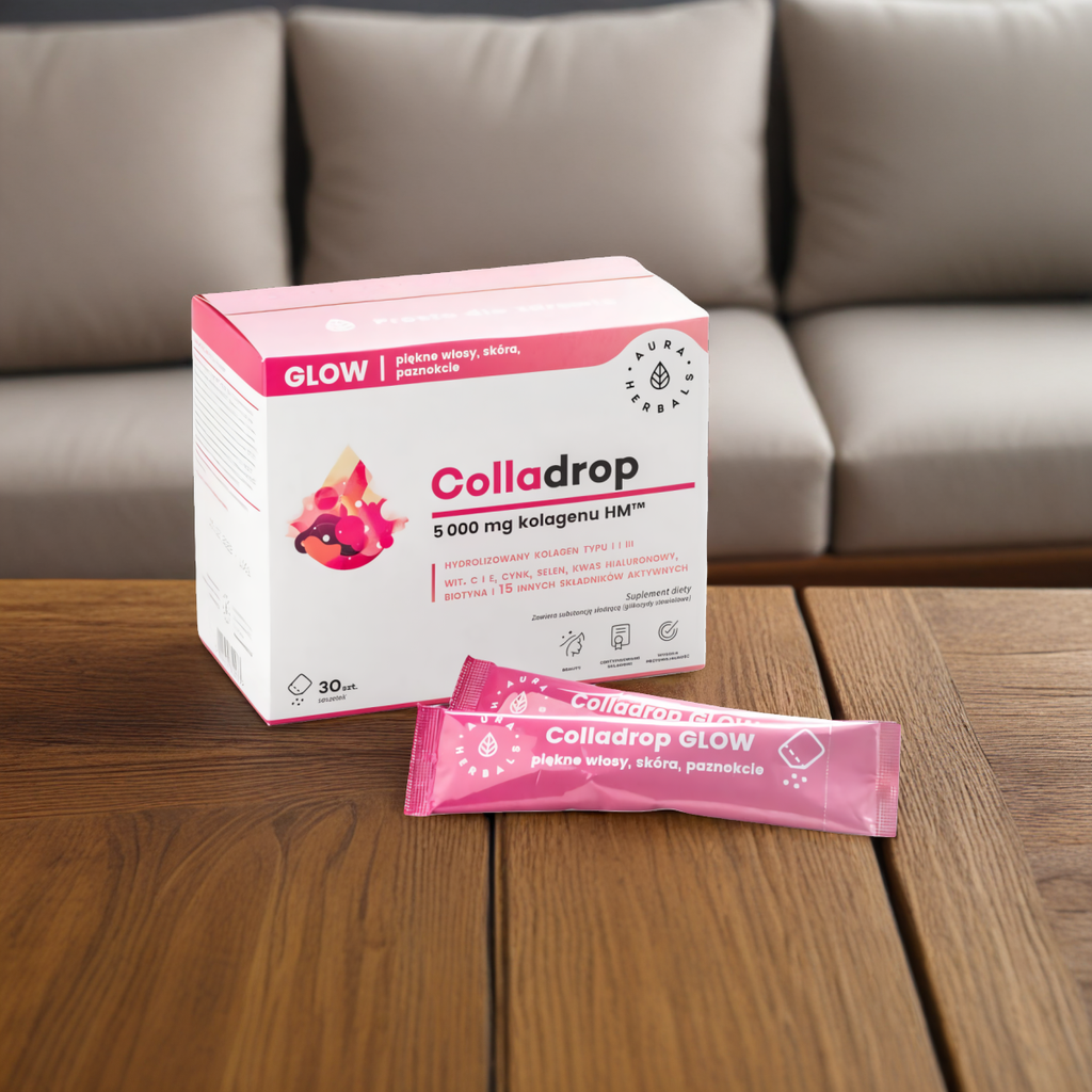 Colladrop GLOW Kolagen morski 5000 mg Aura Herbals - Piękne włosy, skóra i paznokcie - 30 saszetek