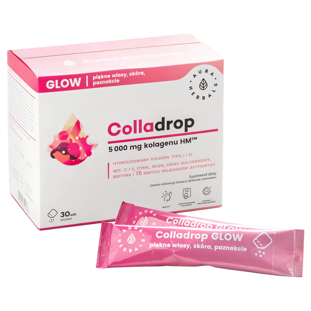 Colladrop GLOW Kolagen morski 5000 mg Aura Herbals - Piękne włosy, skóra i paznokcie - 30 saszetek