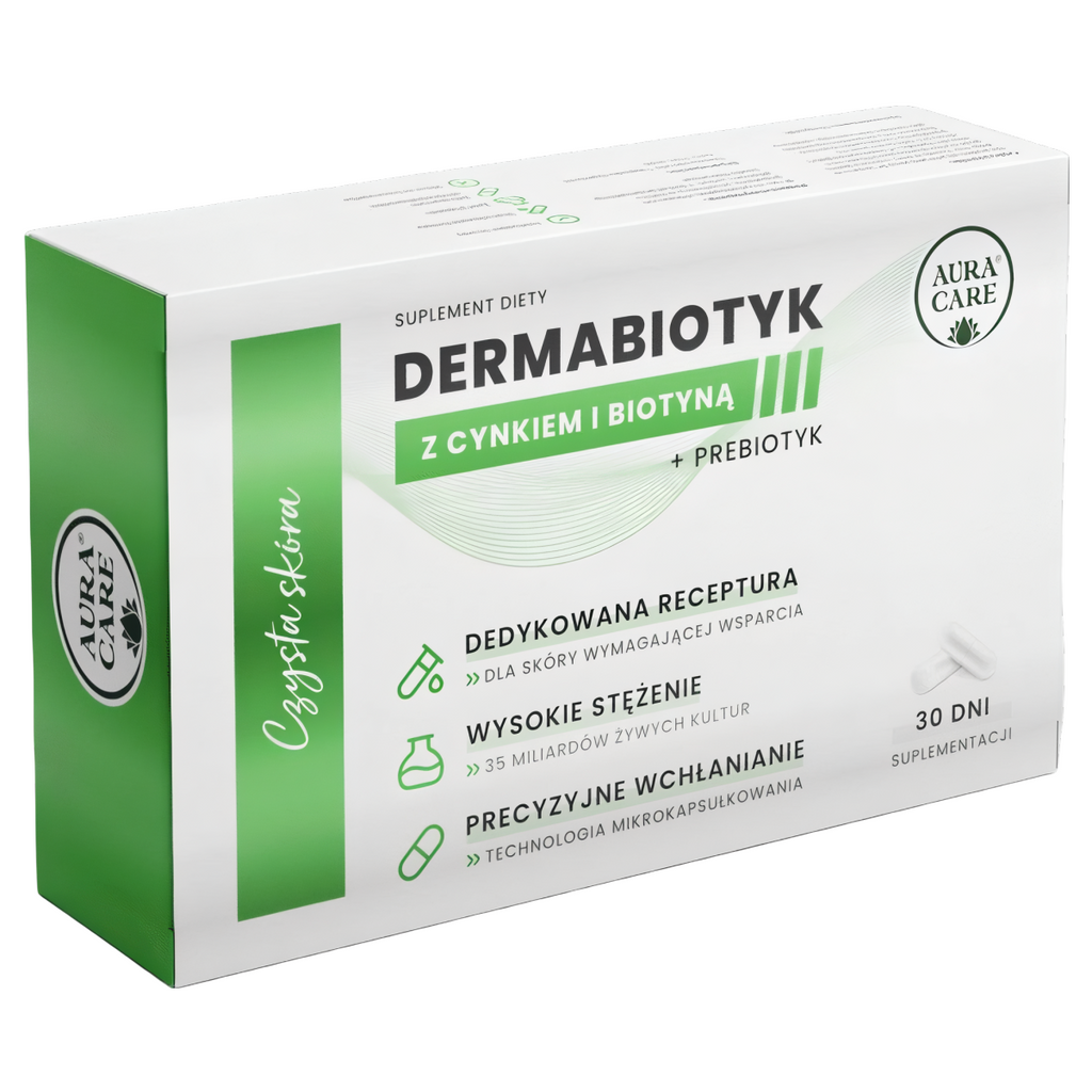 Czysta skóra Aura Care - Dermabiotyk z cynkiem i biotyną + prebiotyk - 30 kapsułek