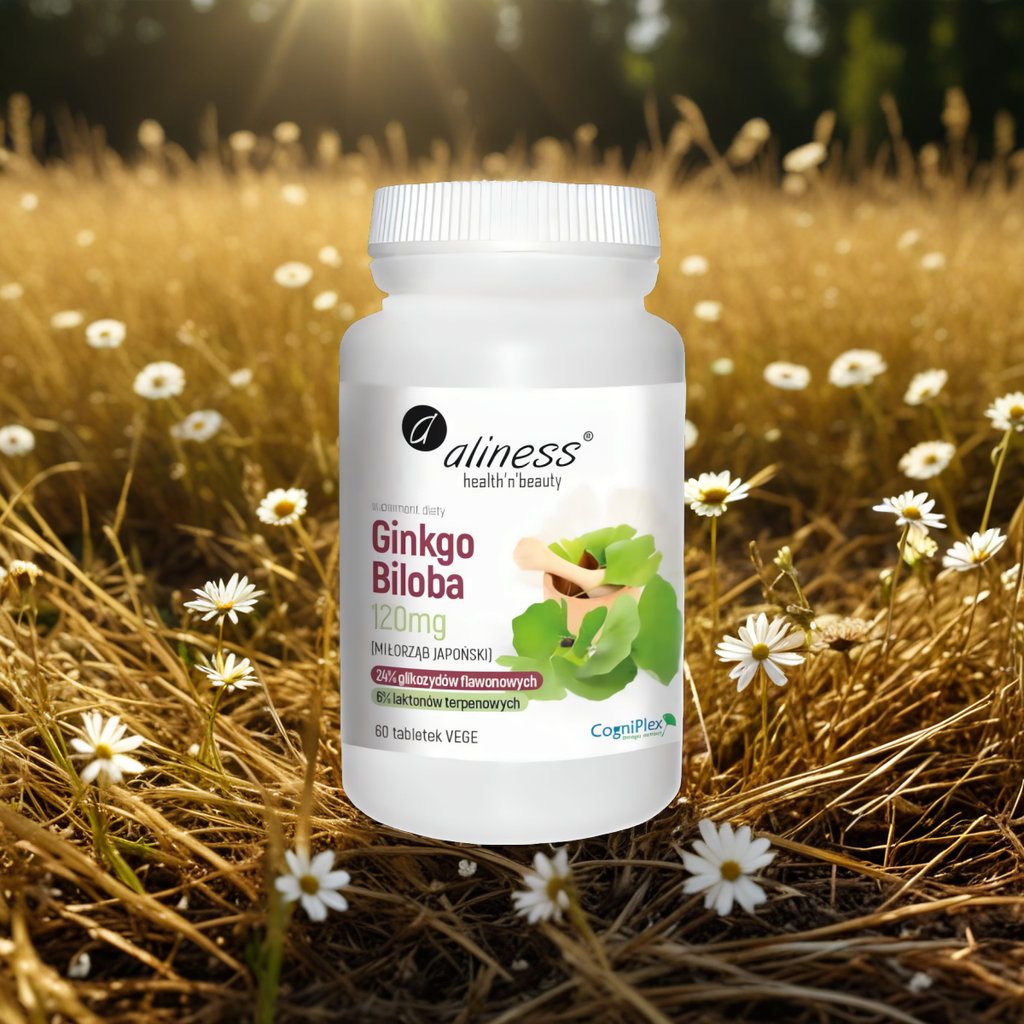 Ginkgo Biloba (miłorząb japoński) 120 mg Aliness - Wsparcie dla mózgu - 60 tabletek