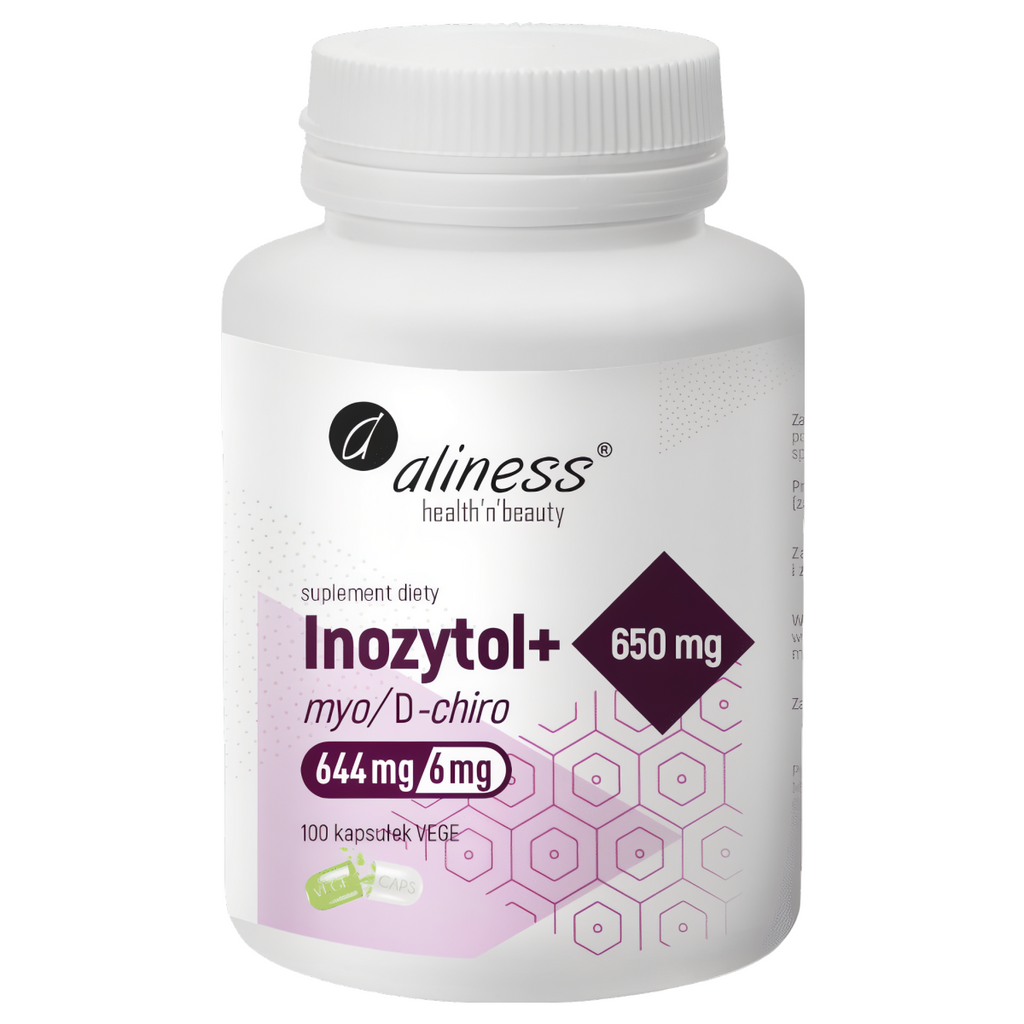 Inozytol myo/D-chiro, 650mg + B6 Aliness - Wspomaga układ nerwowy - 100 kapsułek