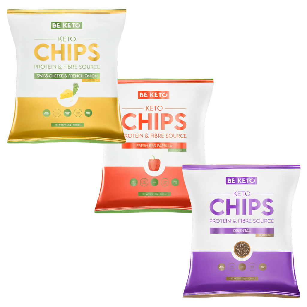 Keto Chipsy BeKeto - Ser & cebulka, Czerwona papryka oraz Orientalne pikantne - 30 g (Smak: ser-szwajcarski-francuska-cebulka)