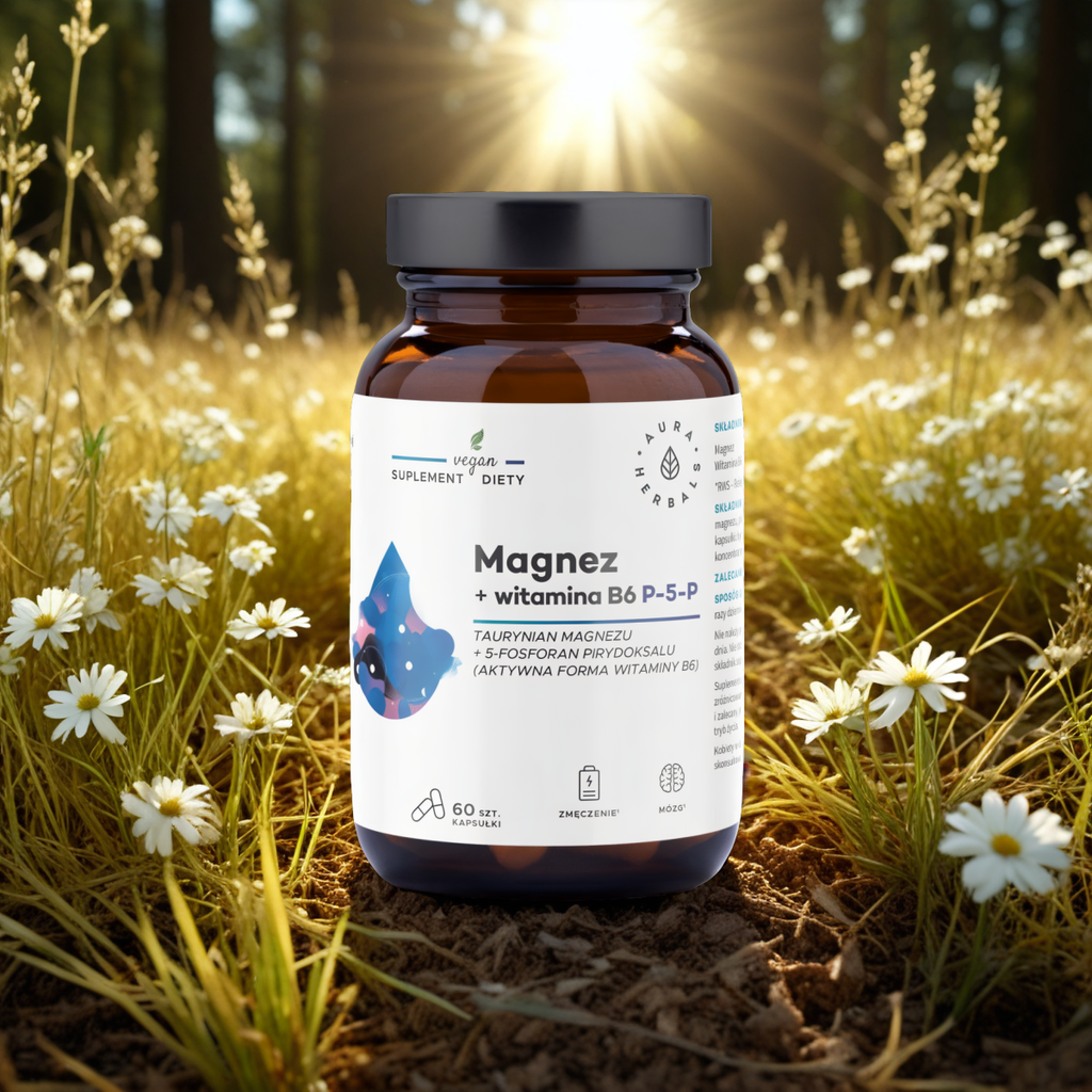 Magnez + Witamina B6 Aura Herbals - Wsparcie dla  prawidłowego funkcjonowania układu nerwowego - 60 kapsułek