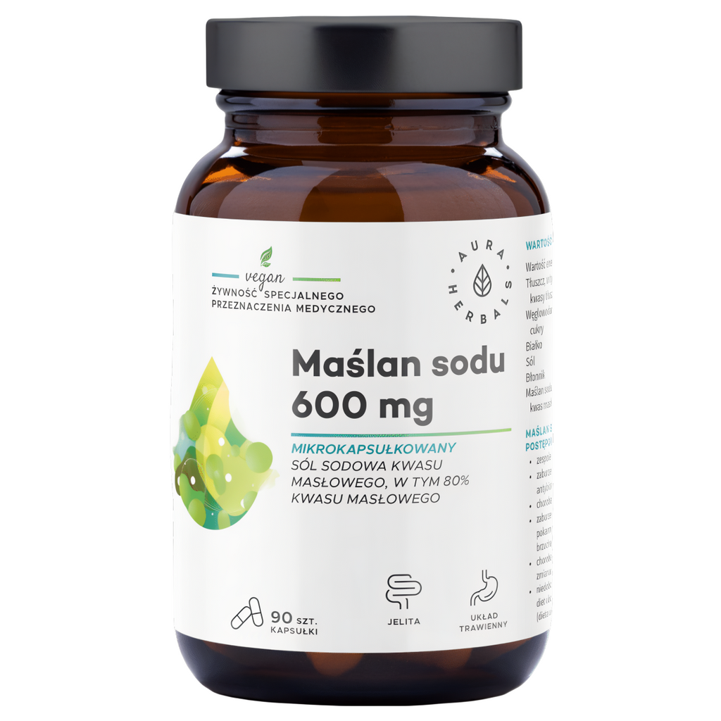 Maślan sodu mikrokapsułkowany 600 mg Aura Herbals - Wsparcie dla układu pokarmowego - 90 kapsułek
