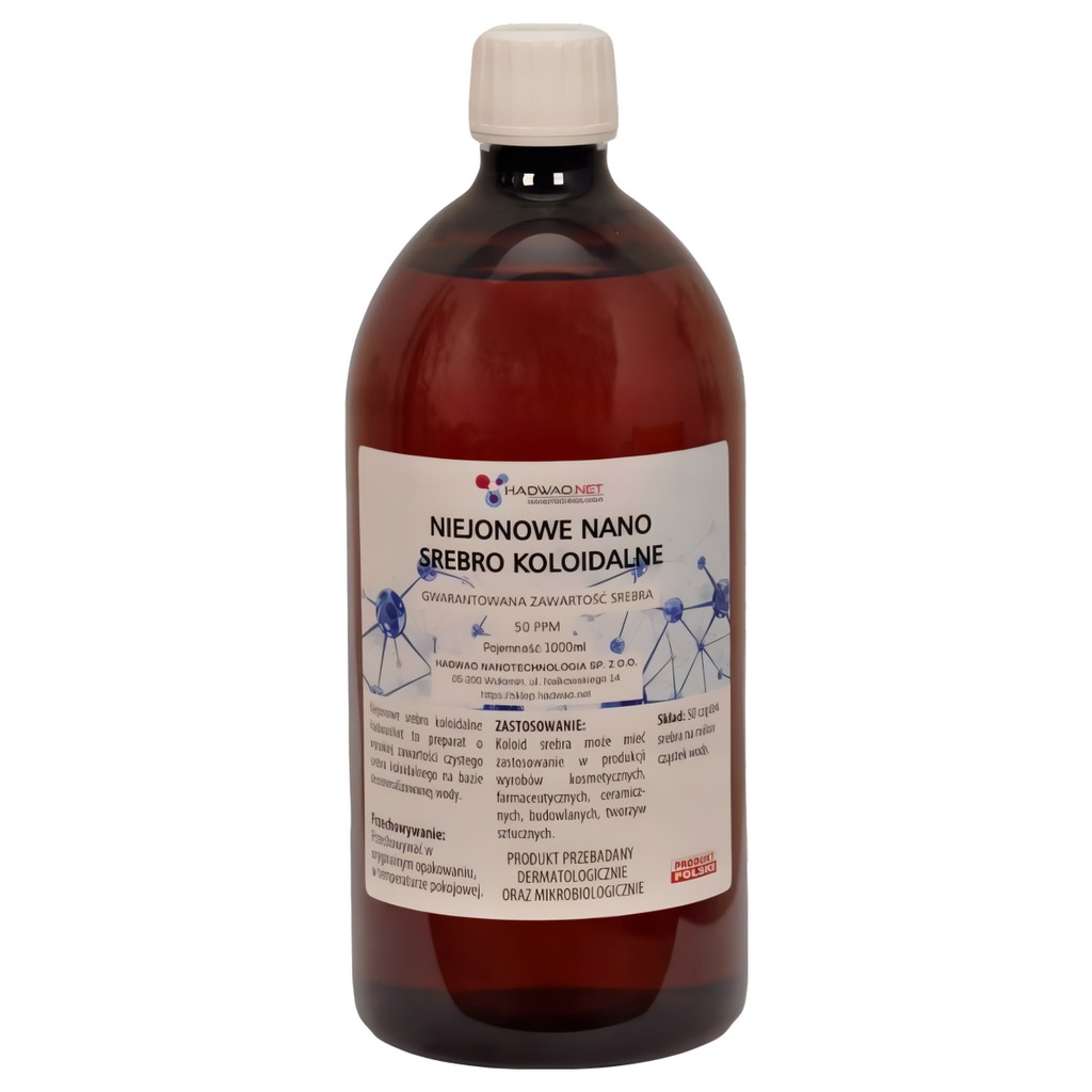 Niejonowe nano srebro koloidalne Ag 50 ppm Hadwao - Oczyszcza i łagodzi podrażnienia - 1000 ml