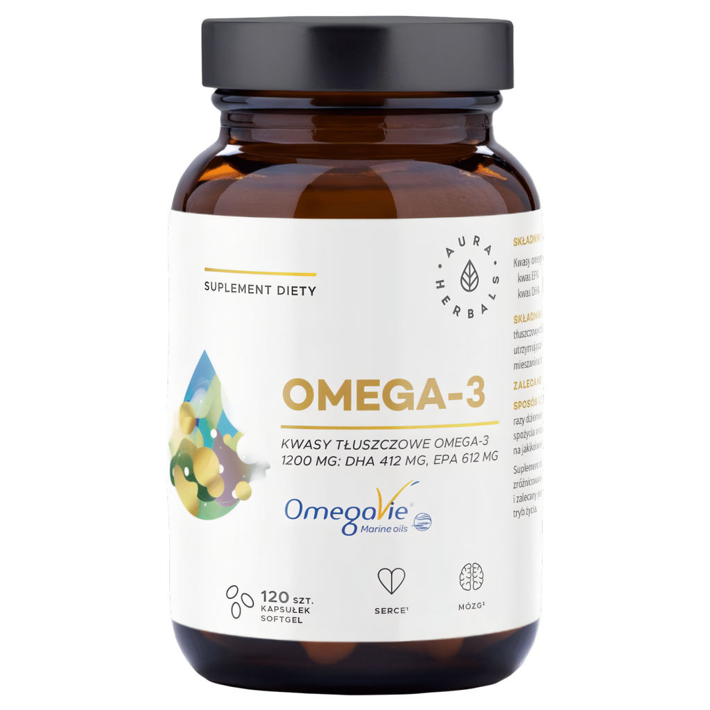 Omega 3 Aura Herbals 1200 mg - Wspiera zdrowie serca, mózgu i oczu - 120 kapsułek softgel