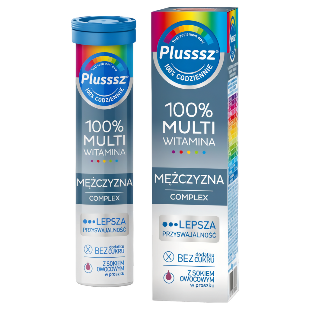 Plusssz 100% MULTIWITAMINA MĘŻCZYZNA Complex Polski Lek - 20 tabletek musujących o smaku jeżyna - pomarańcza