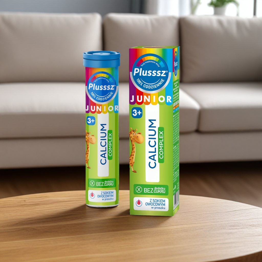 Plusssz JUNIOR Calcium Complex Polski Lek - 20 tabletek musujących o smaku poziomka - jeżyna