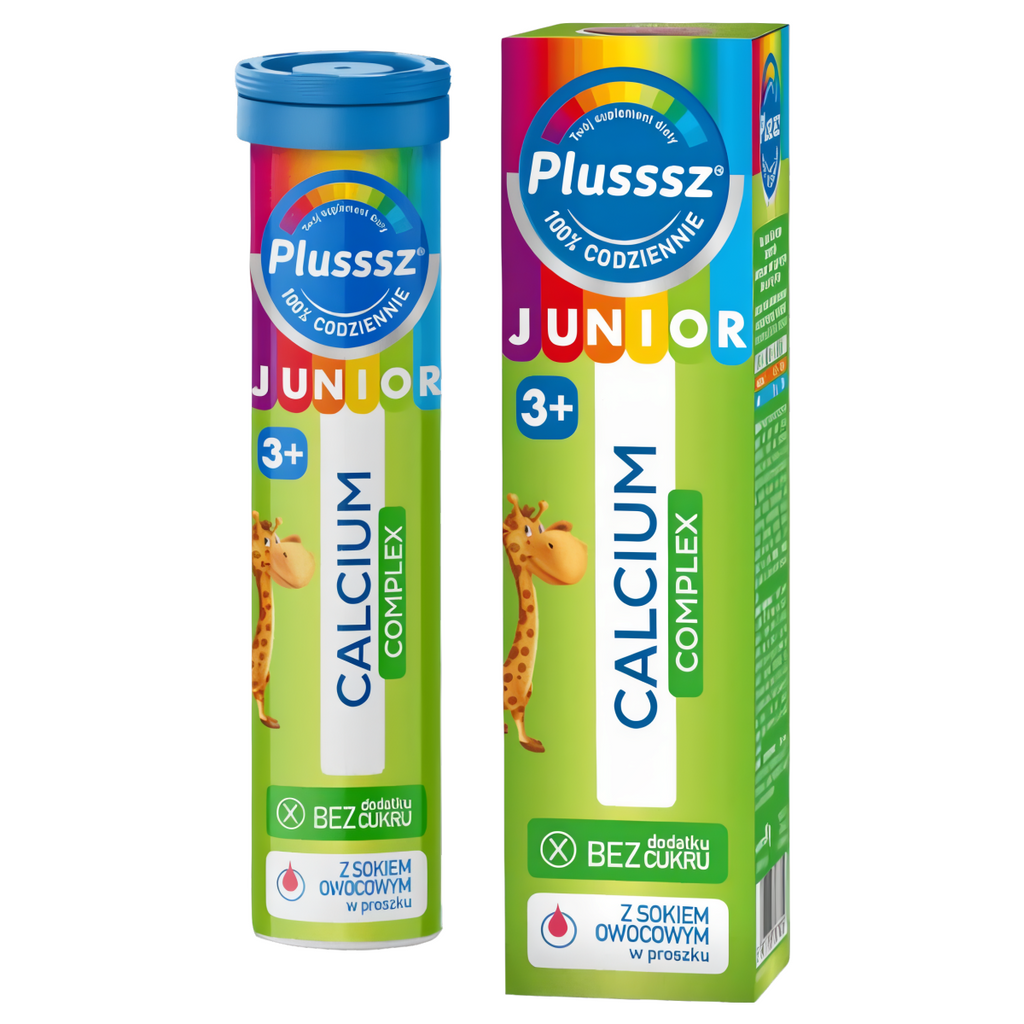Plusssz JUNIOR Calcium Complex Polski Lek - 20 tabletek musujących o smaku poziomka - jeżyna
