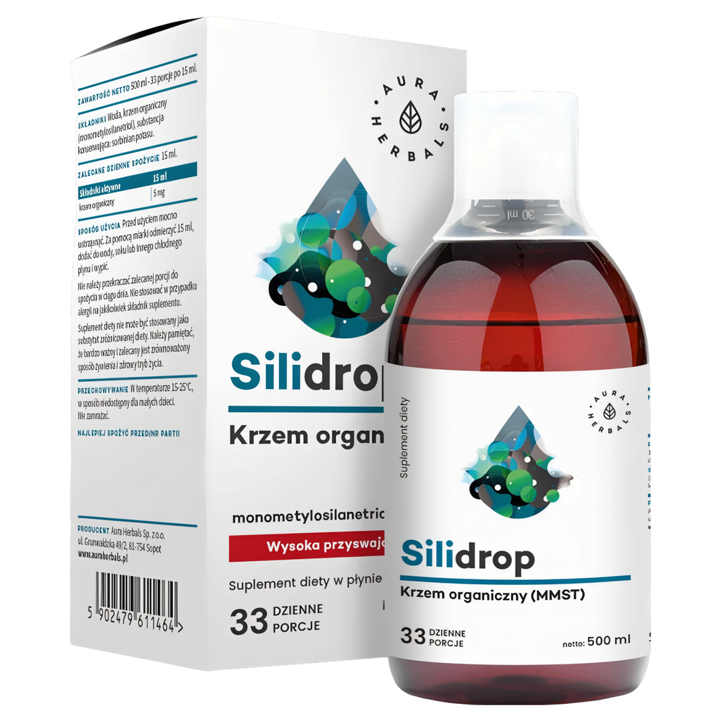 Silidrop krzem organiczny MMST Aura Herbals - Wsparcie kości, stawów, skóry, włosów i paznokci - 500 ml płyn