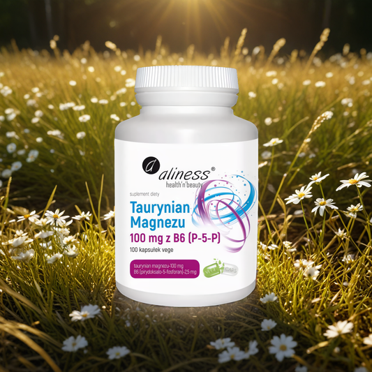 Taurynian Magnezu 100 mg z Witaminą B6 Aliness - Biodostępna forma magnezu - 100 kapsułek