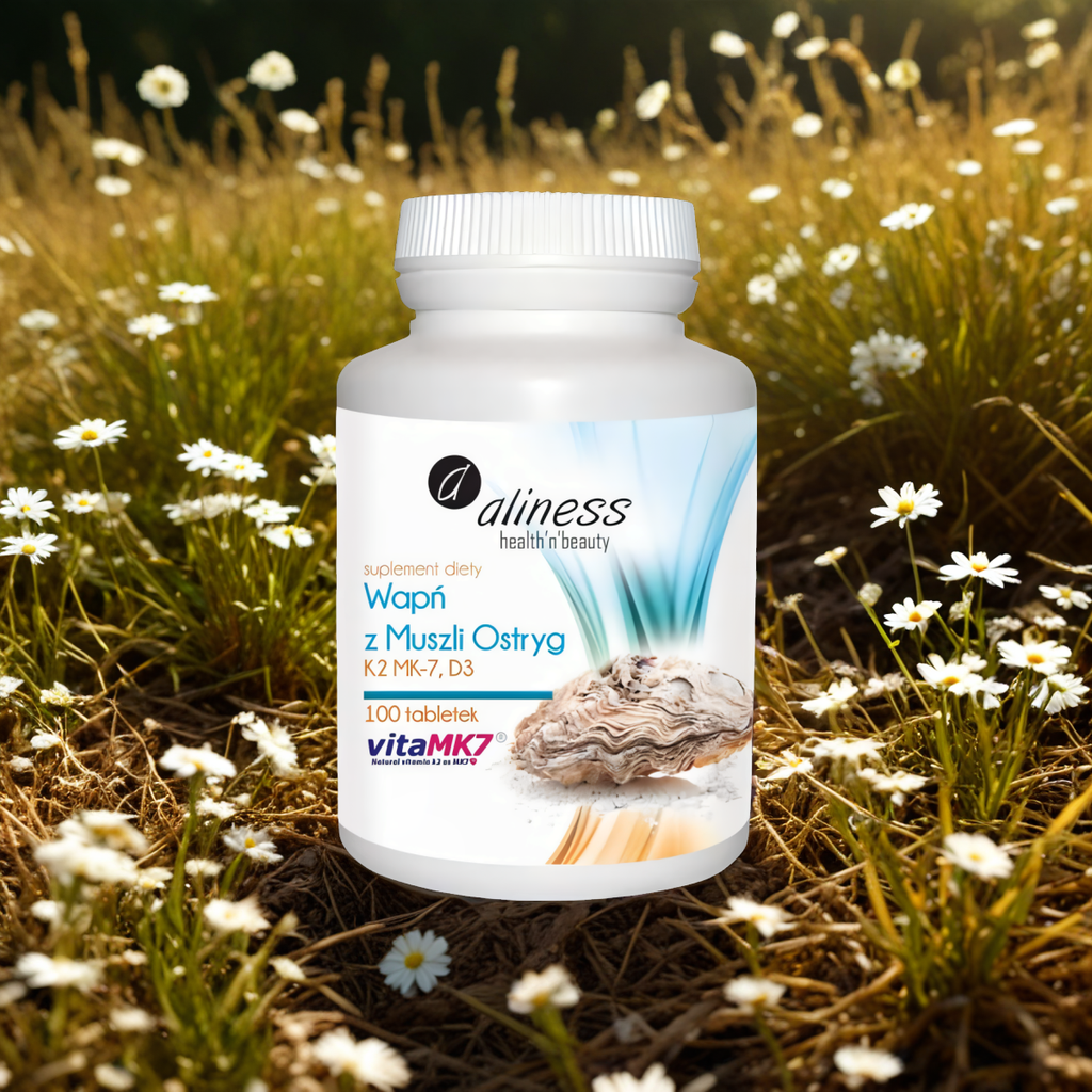 Wapń z Muszli Ostryg, witamina K2 MK-7 i witamina D3 Aliness - 100 tabletek