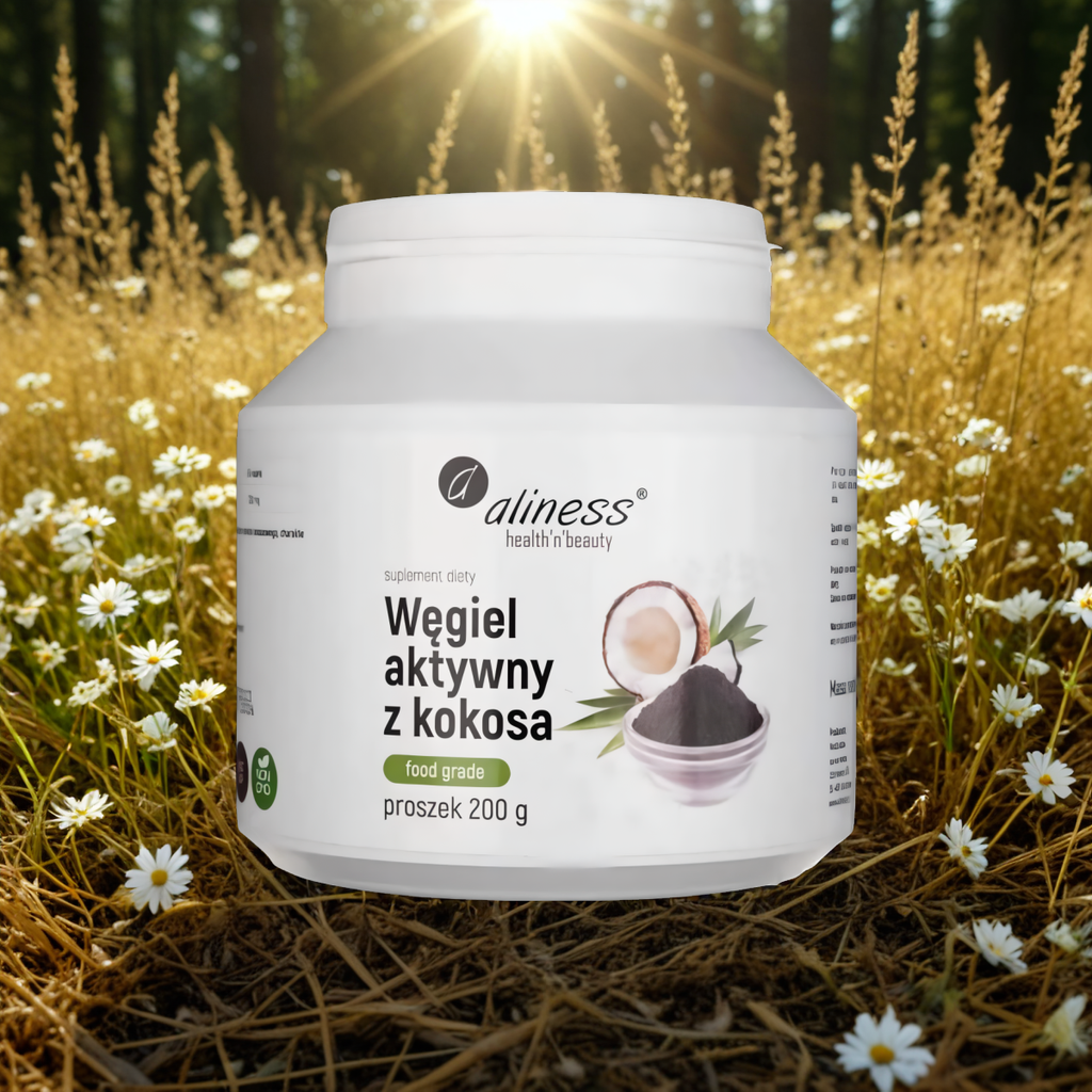 Węgiel aktywny z kokosa Food Grade Aliness - Wsparcie dla układu trawiennego - 200 g