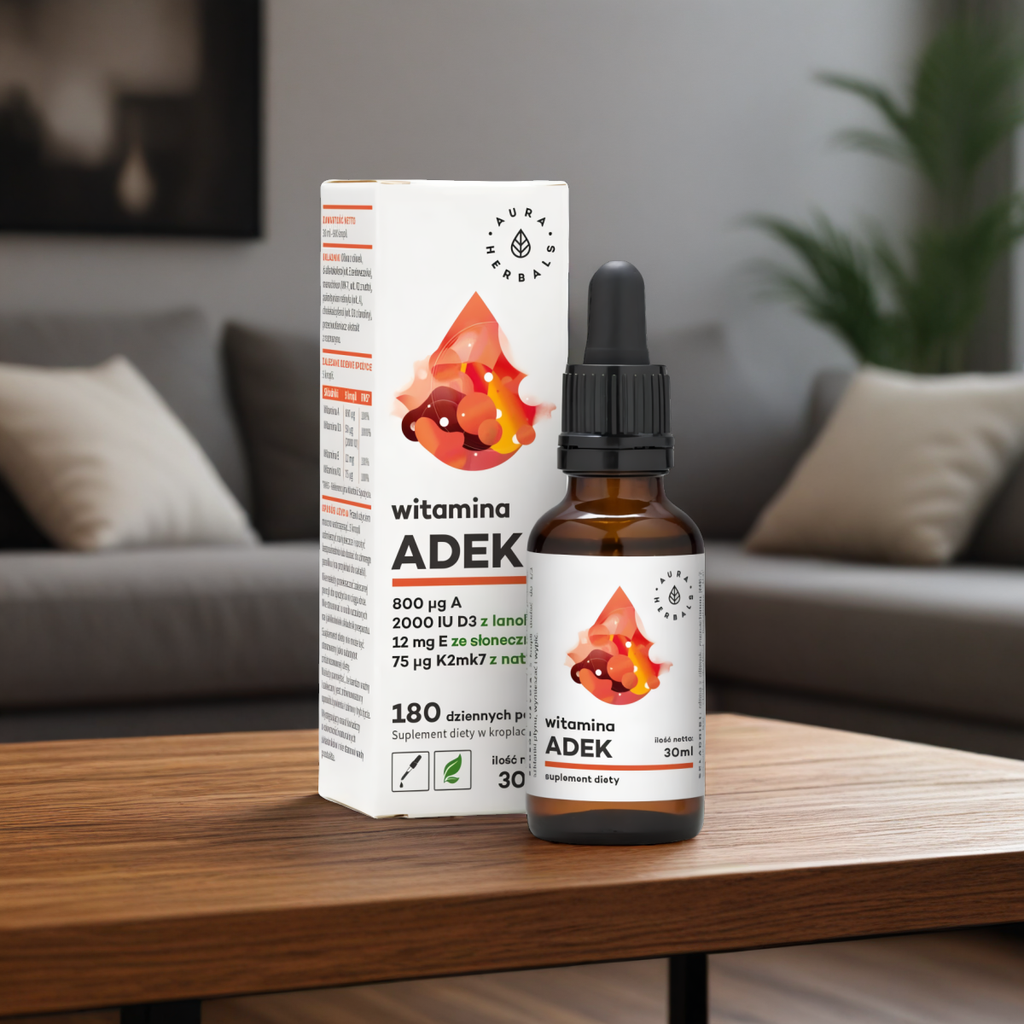 Witamina ADEK, A + D3 2000 IU + E + K2 Aura Herbals - Kompleks witamin - 30 ml krople