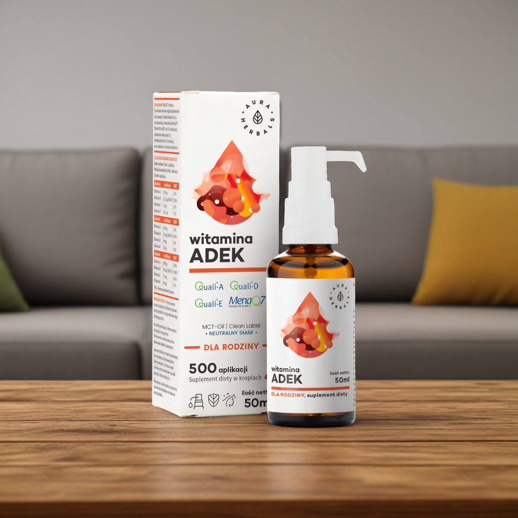 Witamina ADEK dla rodziny, MCT Aura Herbals - Zbiór Witamin A + D + E + K - 50 ml krople