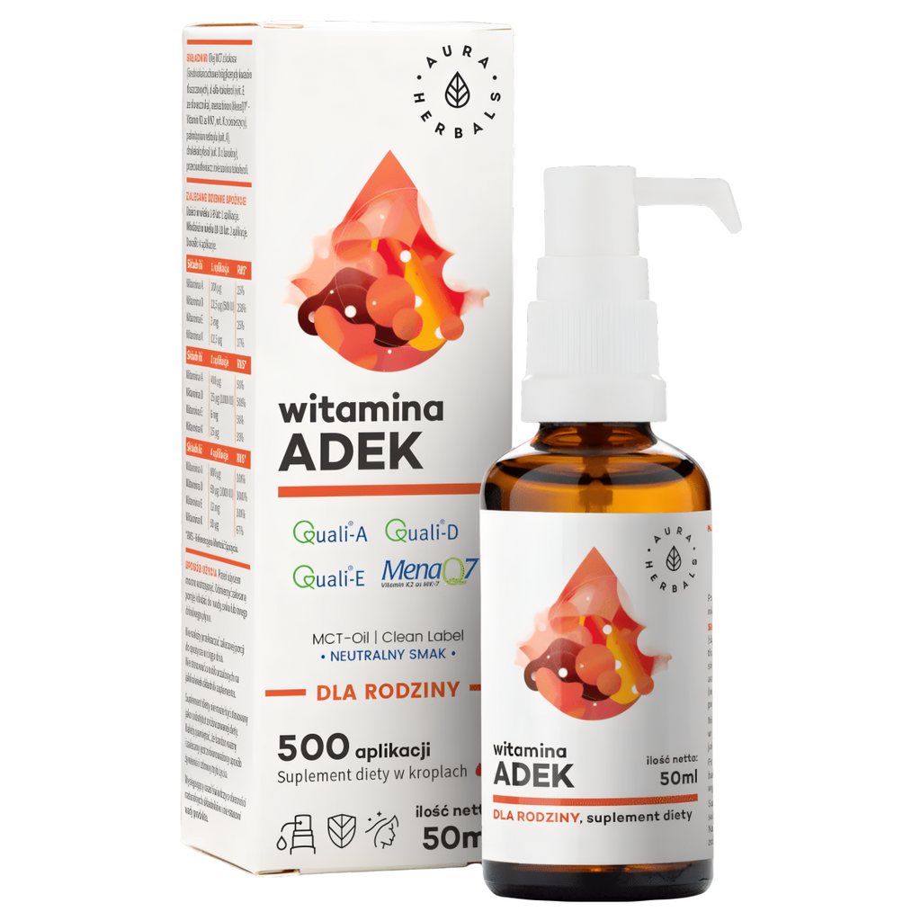 Witamina ADEK dla rodziny, MCT Aura Herbals - Zbiór Witamin A + D + E + K - 50 ml krople