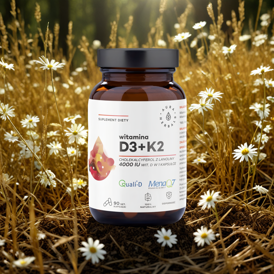 Witamina D3 4000 IU + K2 Aura Herbals - Cholekalcyferol z lanoliny - 90 kapsułek