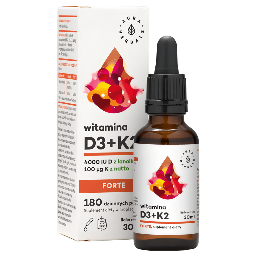 Witamina D3 4000 IU + K2 FORTE Aura Herbals - Naturalna witamina D z lanoliny i K z natto - 30 ml