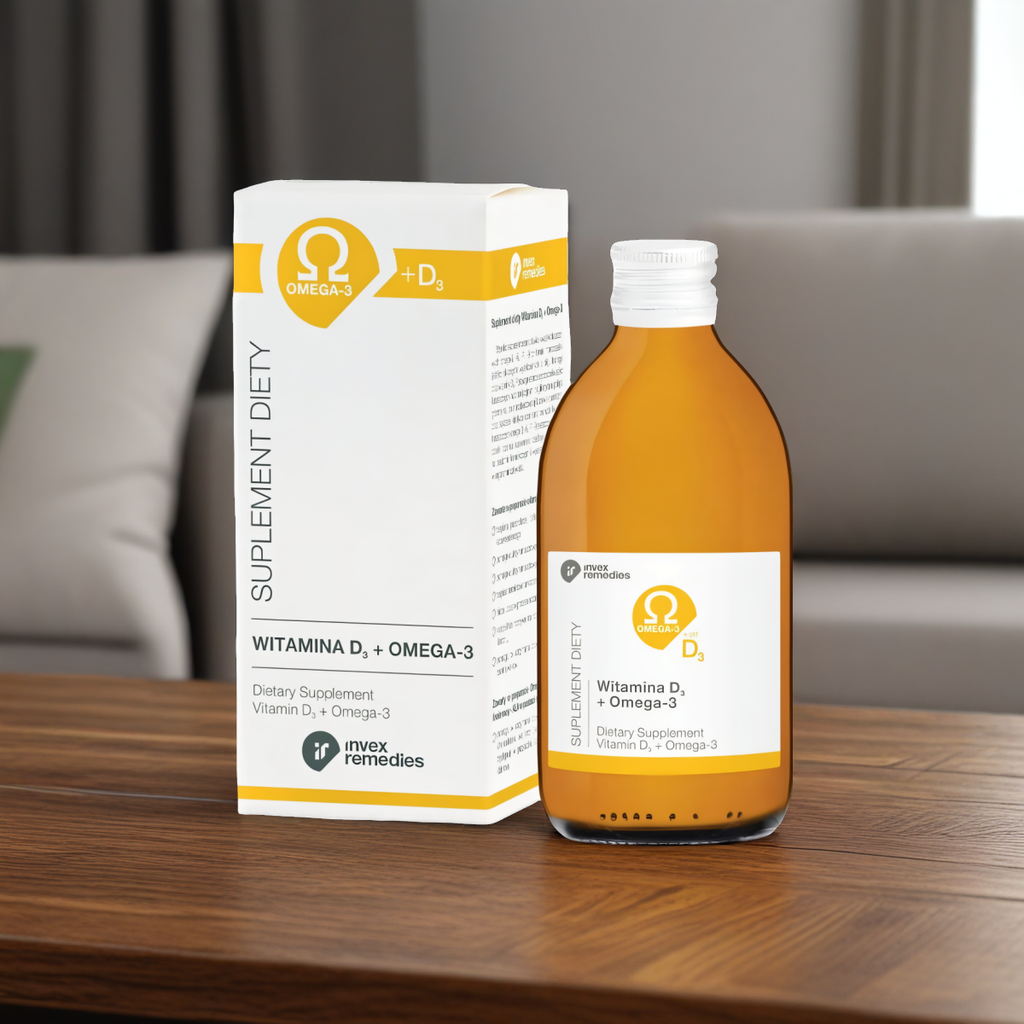 Witamina D3 +  nienasycone kwasy tłuszczowe Omega 3+6+7+9 Invex Remedies w płynie - 300 ml