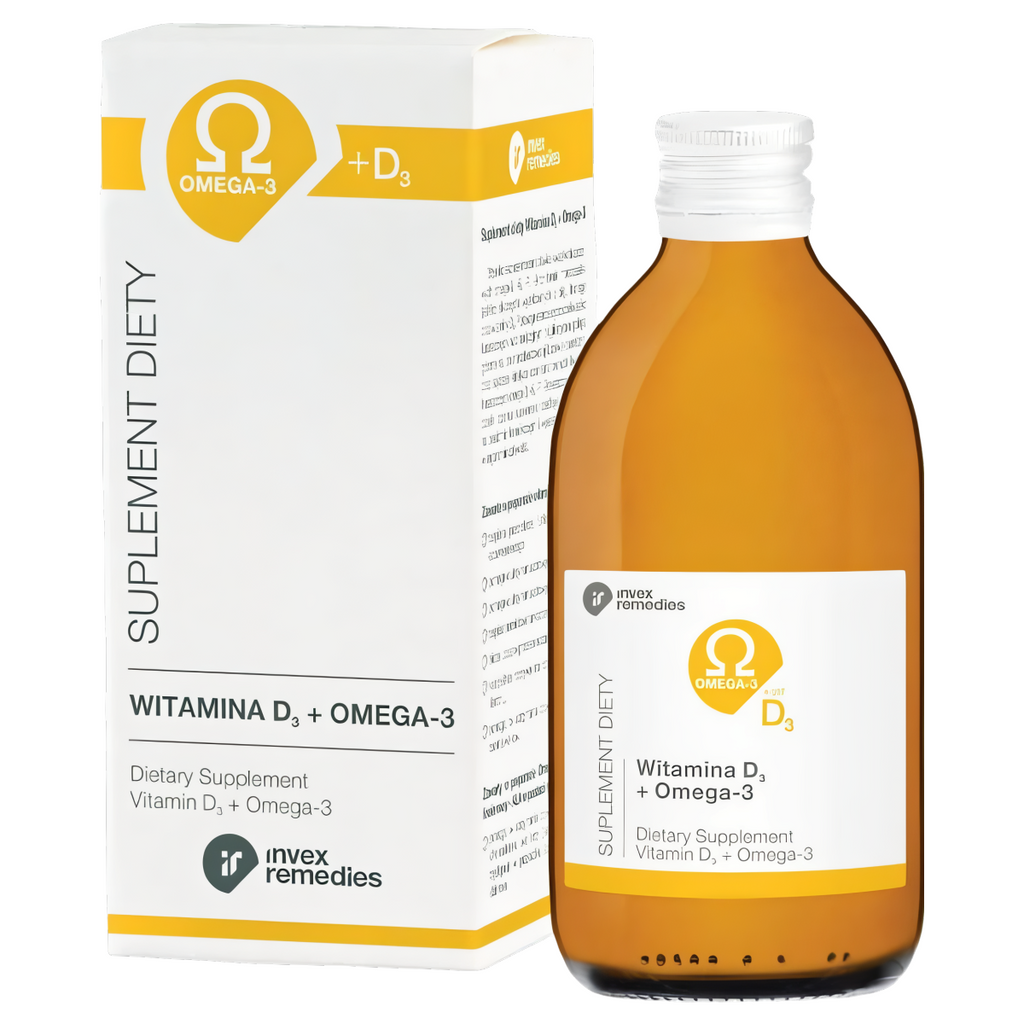 Witamina D3 +  nienasycone kwasy tłuszczowe Omega 3+6+7+9 Invex Remedies w płynie - 300 ml