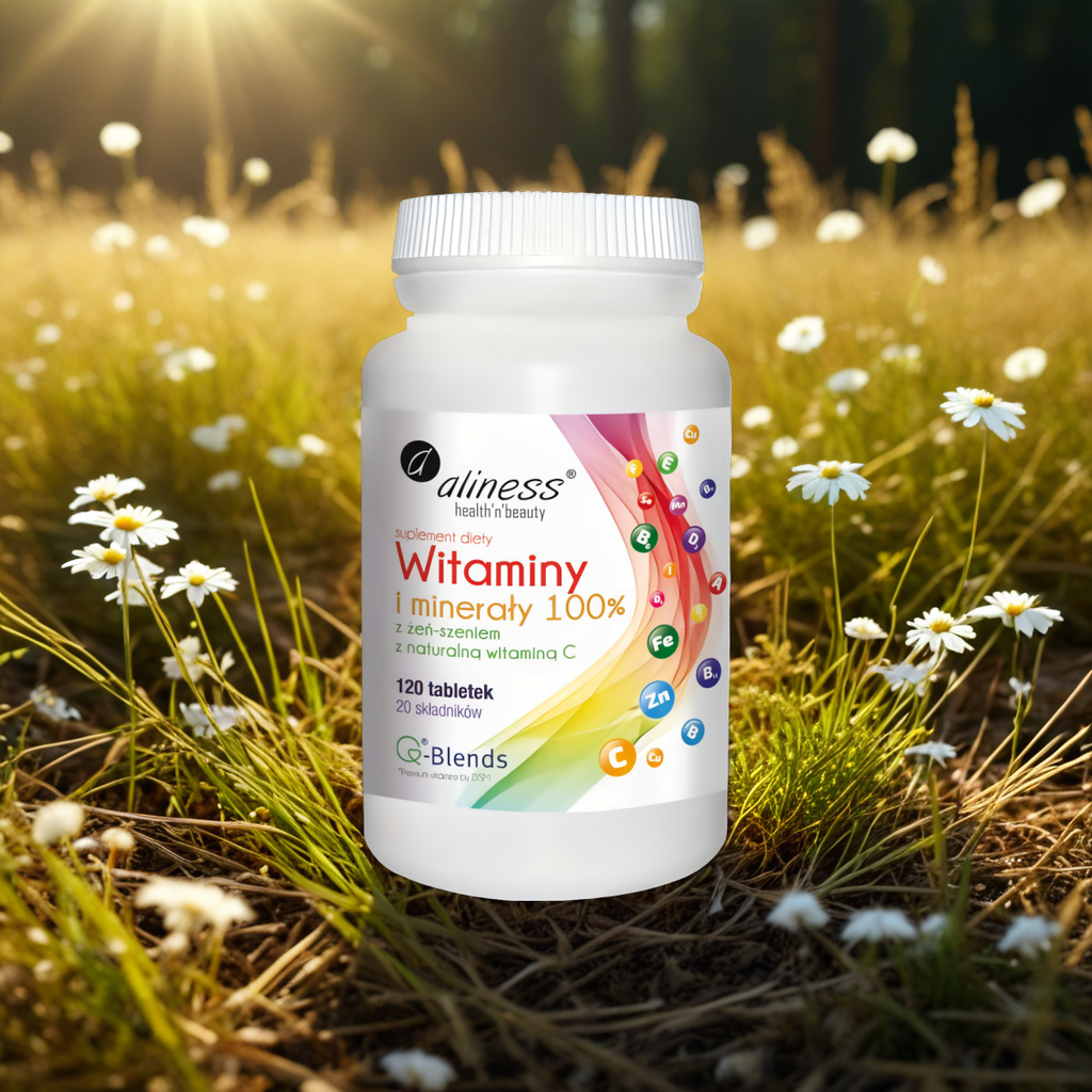 Witaminy i minerały 100 % z żeń-szeniem i naturalną witaminą C Aliness - 120 tabletek