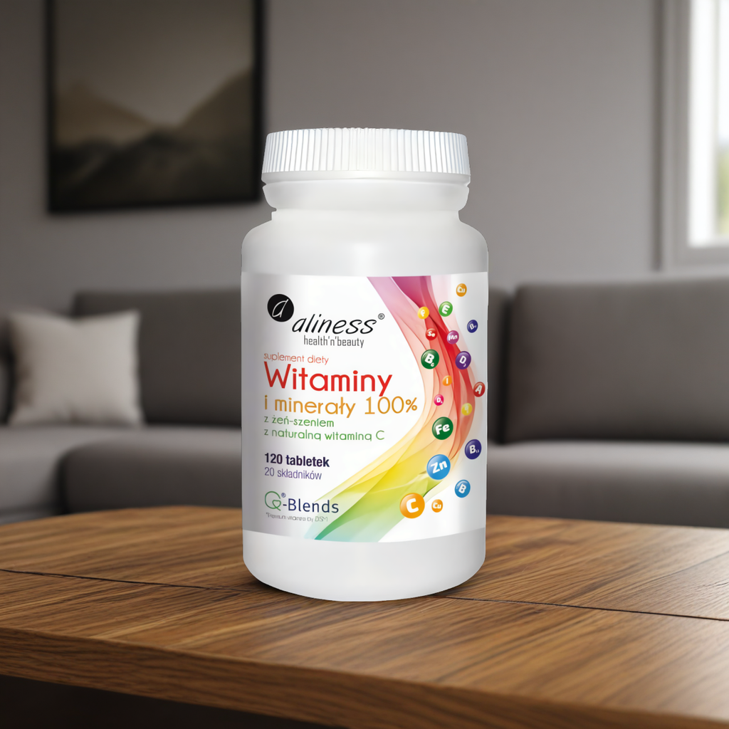 Witaminy i minerały 100 % z żeń-szeniem i naturalną witaminą C Aliness - 120 tabletek
