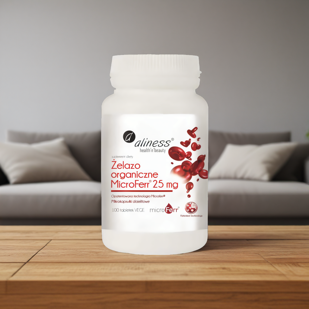 Żelazo Organiczne 25 mg Aliness - Opatentowana technologia MicroFerr® - 100 tabletek